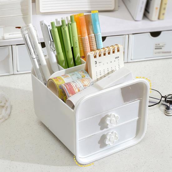 2-Drawer Desktop Organizer Student Stationery Organizer Space-Saving Storage Box with Open Compartments for Office School Desk Storage
