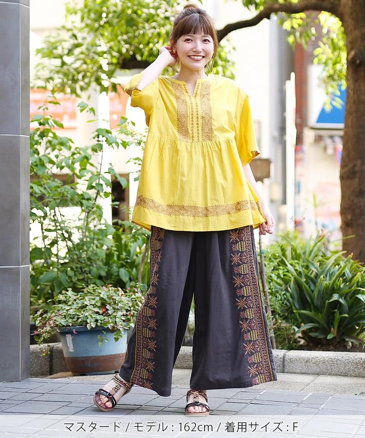 Titicaca Geometric Embroidered Indian Half Free NSICD142 Pullover, Women's, Cotton, Sleeves, Soft, Size, Mustard,