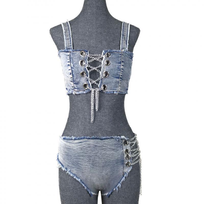 European & American Denim Bikini Sexy Split Swimsuit Set 2024