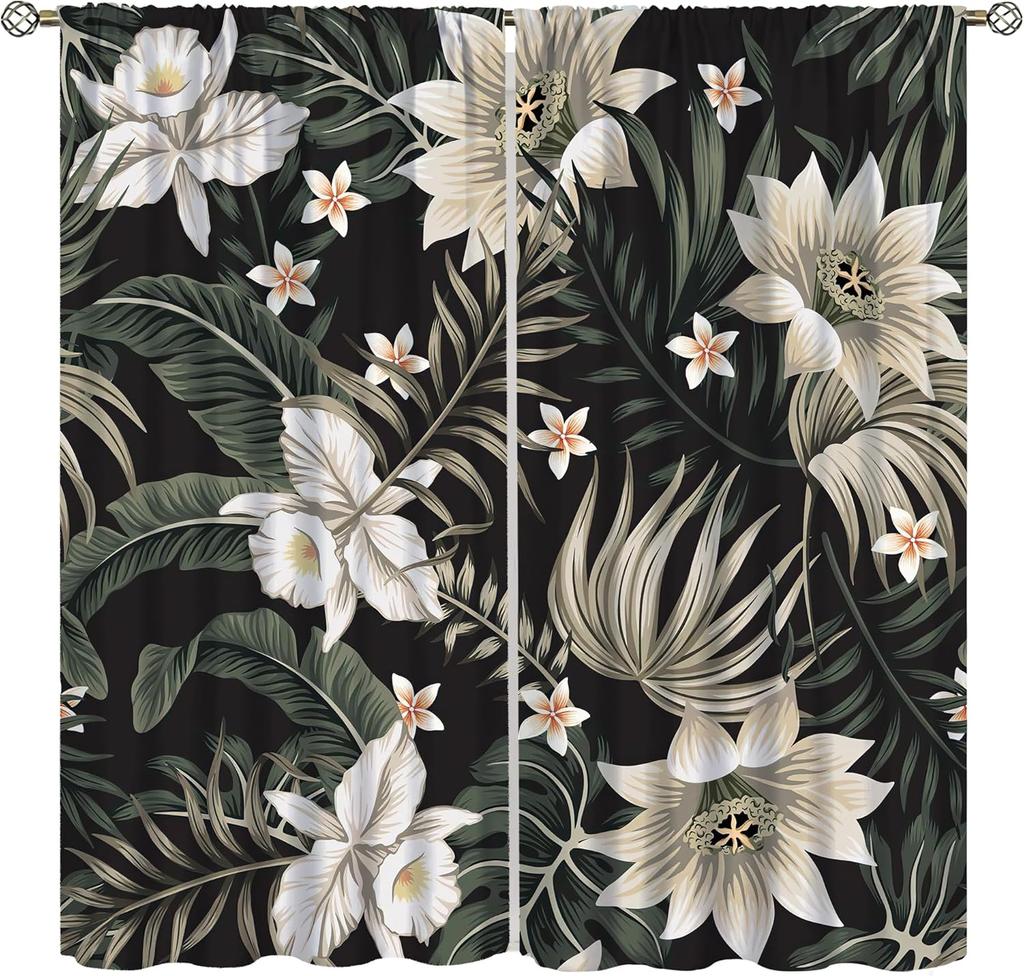 Tropical Palm Leaf Curtains Natural Emerald Green Gold Botanical Plant Abstract Printed Window Treatments Curtain Made Of Polyester With Rod Pocket