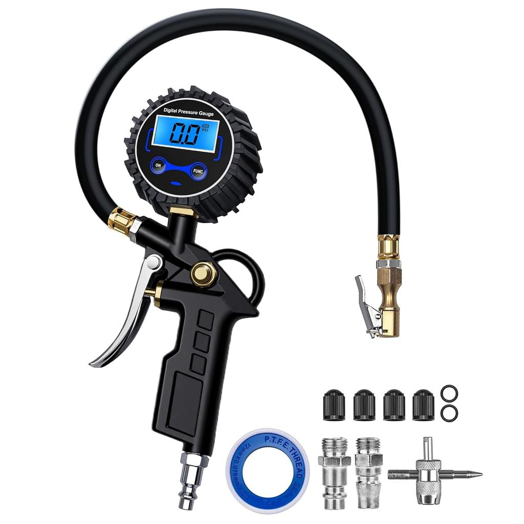 Digital Tire Pressure Gauge with Inflator, Air Compressor Accessories with Air Chuck Quick Connect Coupler, Car Attachments with Rubber Hose for Car,