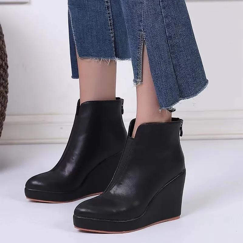 2025 Autumn-early Winter Shoes, Women's Platform Ankle Boots, Modern Women's Wedge Shoes 10 Cm, Pure Black, White, Plus Size 42