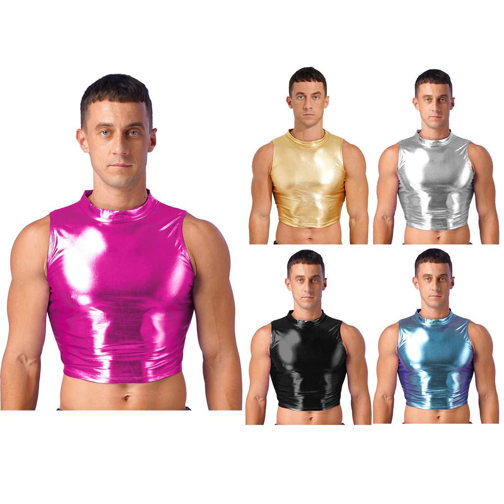 Mens Metallic Sleeveless Vest Faux Leather Crop Top Wet Look Clubwear Street Fashion