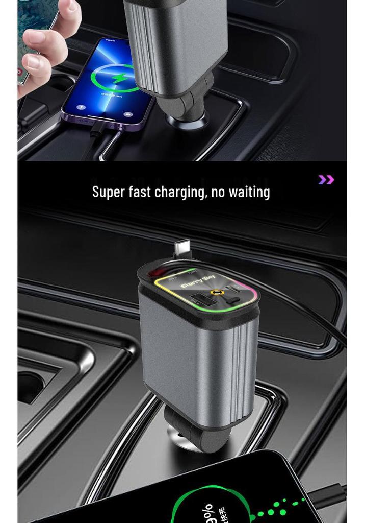 Retractable Four-in-One Car Charger with Starry Sky Light & Alloy Finish for Apple & Huawei