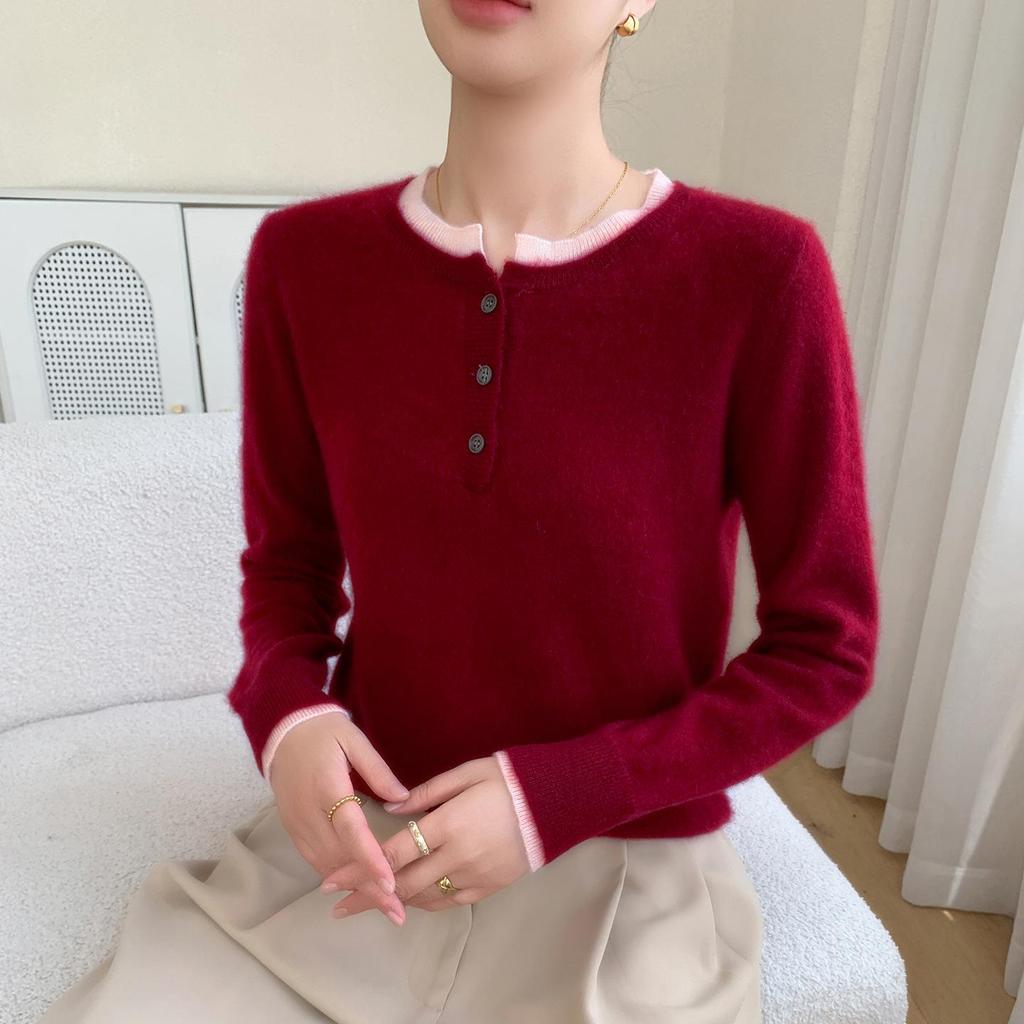 Women's Color Block Cashmere Sweater - Round Neck, Buttoned, Loose Fit, Long Sleeve, Autumn/Winter Collection