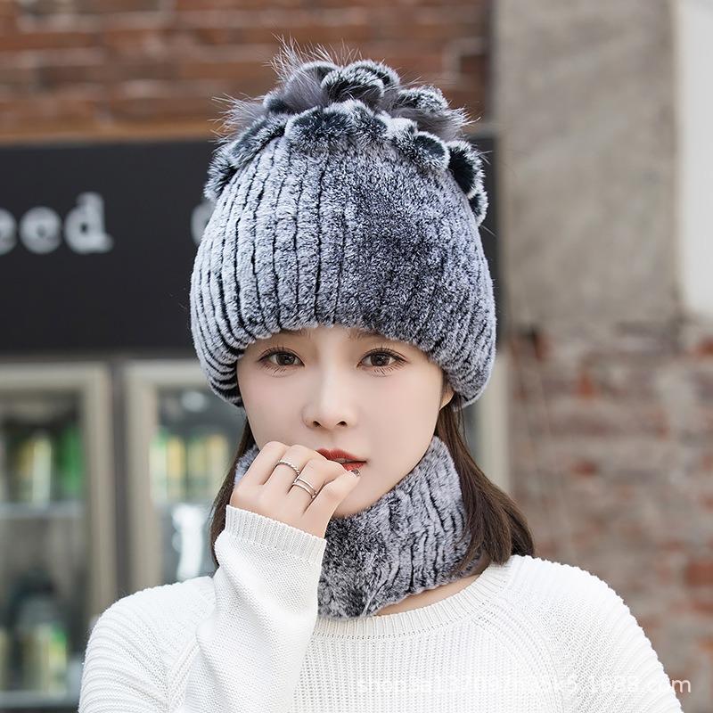 New Women's Rex Rabbit Hair Hat Winter Thickened Warm Fashion Versatile Elastic Fur Woven Hand Sewn Knitted Hat