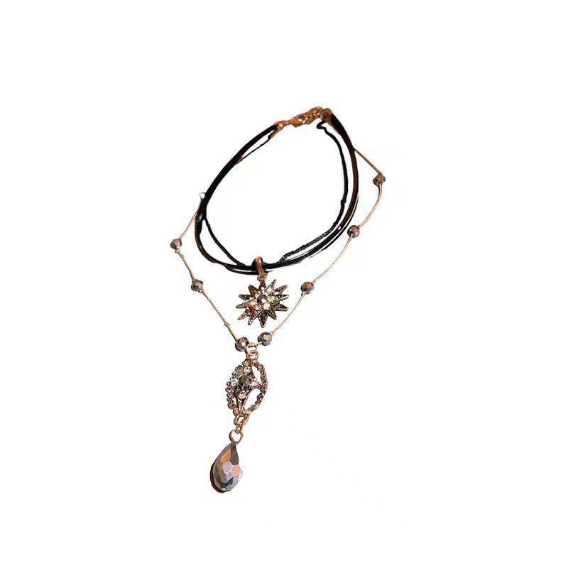 Starburst Rhinestone Teardrop Crystal Leather Choker Necklace - Vintage Luxury Clavicle Chain
