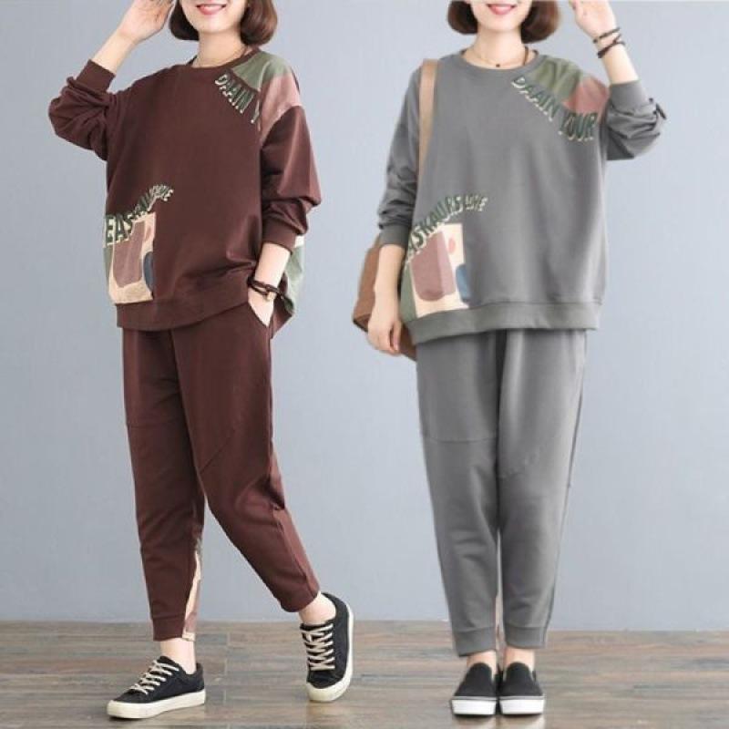 Plus Size Women's Suit Covers Big Belly and Fat Spring and Autumn Fashion Loose Long-sleeved Casual Two-piece Set