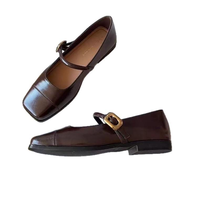 Doudou Schuhe Damen Ein-Wort-Schnalle mit lässigen Einzel-Schuhen vielseitige eckige Zehenpartie flacher Ausschnitt flache Schuhe