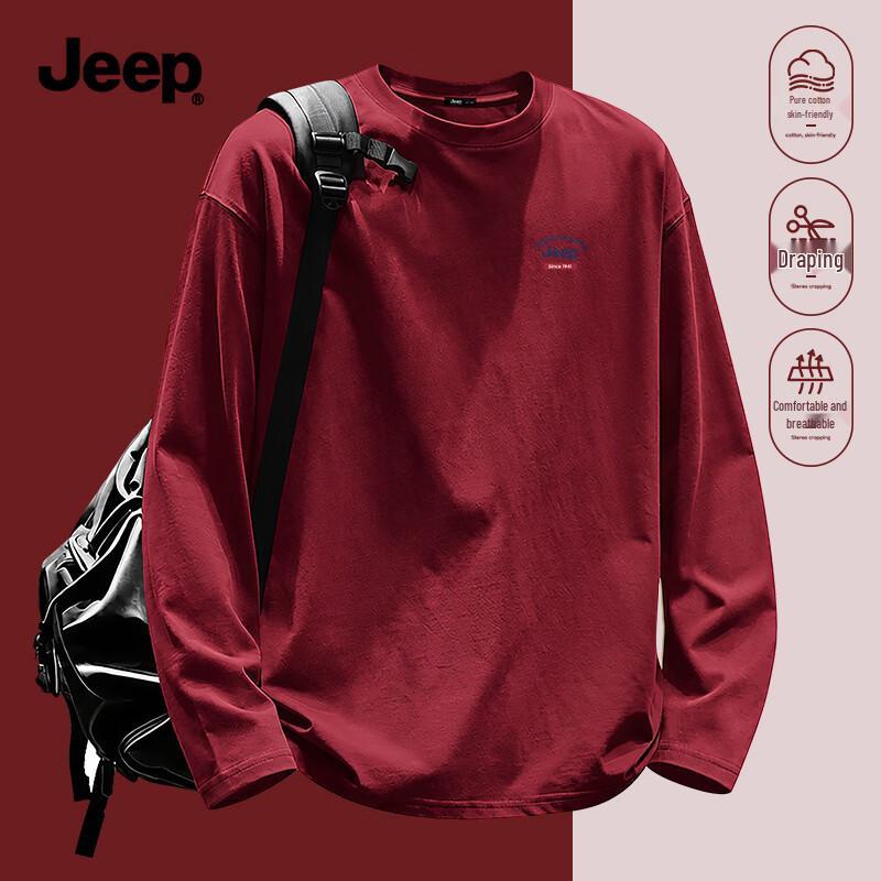 JEEP Men's Heavyweight 220G Pure Cotton Crew Neck Long Sleeve T-Shirt