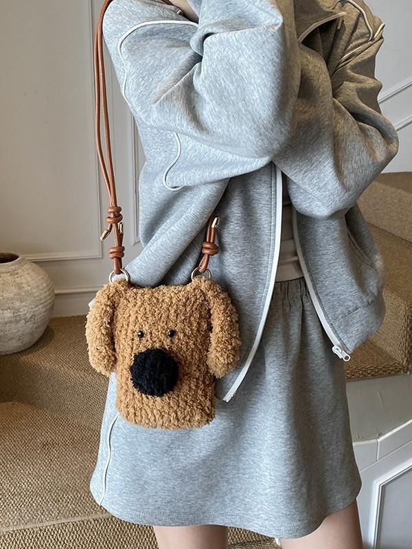 Plush Dog Cartoon Woolen Handbag With Phone Pocket For Daily Use