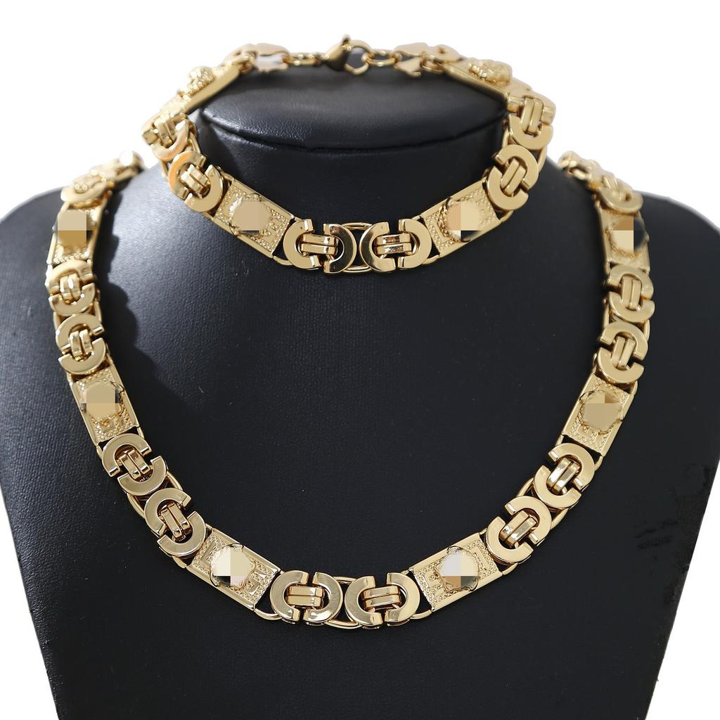 Vintage Embossed Byzantine Chain Jewelry Set for Men Heavy Carved 11mm Necklace & Bracelet Gold Tone Hip-Hop Streetwear Jewelry