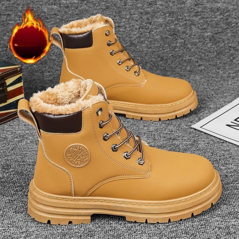 Winter Men Boots Fashion Casual High Top Boots Outdoor Waterproof Leather Boot Plush Warm Cotton Shoes Winter Snow Boots for Men 39 2149₽