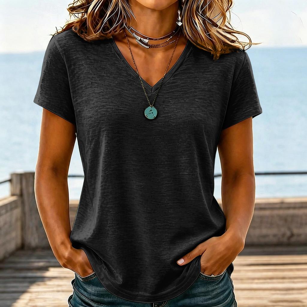 Women Casual V Neck Short Sleeve Solid Color T Shirt Lightweight Soft Fabric Relaxed Fit Basic Tee for Everyday Wear