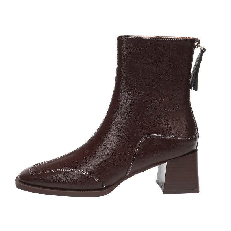 Retro Square Toe High Heel Ankle Boots for Women - Autumn/Winter Chunky Martin Boots In British Style, Red/Brown, 6CM Heel.