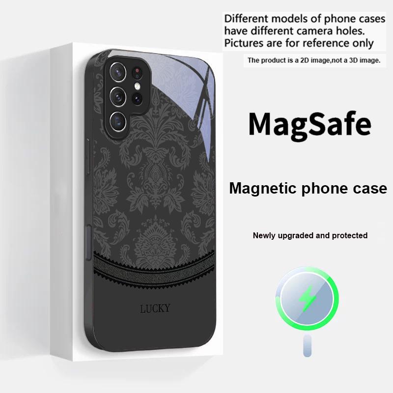 White Floral Vine Pattern For Samsung S25 S25 Edge S25Ultra S8 9 10 20 S21 Pro 22 Plus S23 FE S24 Ultra Magsafe Glass Phone Case