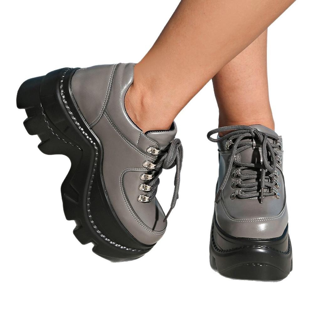 Large size high-heeled small leather shoes for women 2025 autumn new European and American small muffin thick-soled lace-up single shoes for women