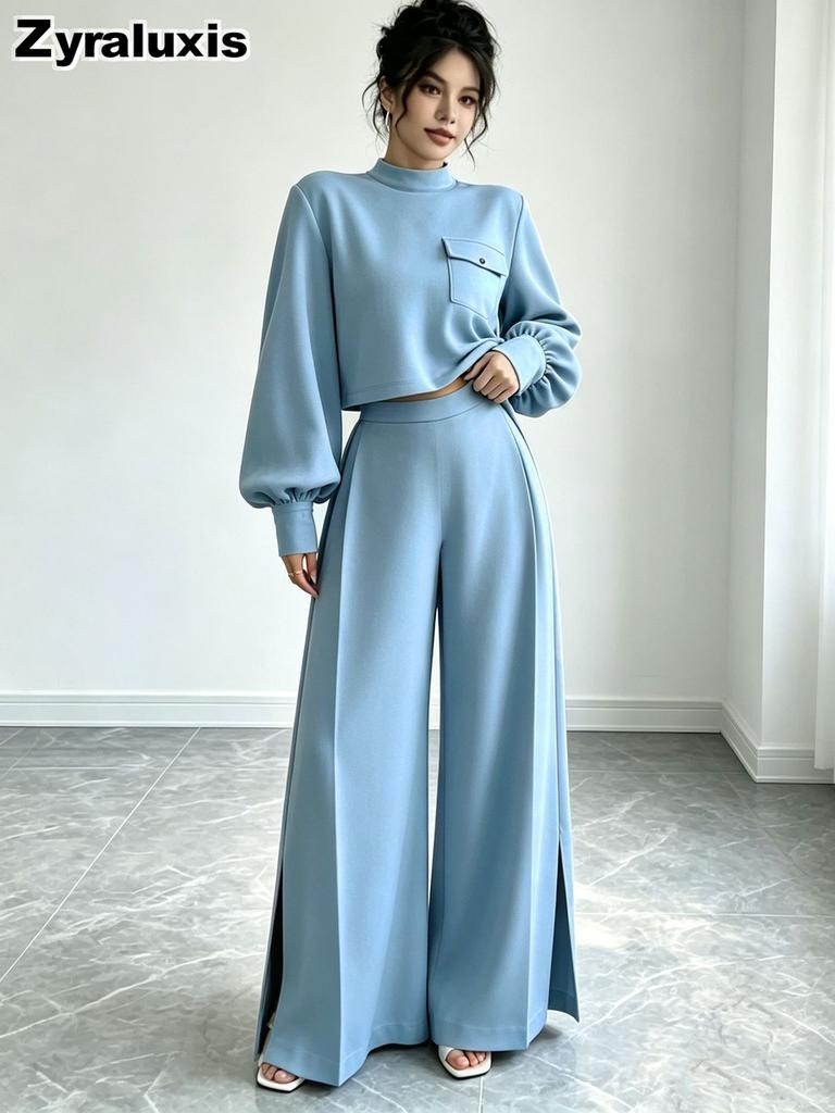 Autumn Solid Wide Leg Pants Set Women Loose Long Sleeve Crop Top Two Piece Outfit Fashion Casual