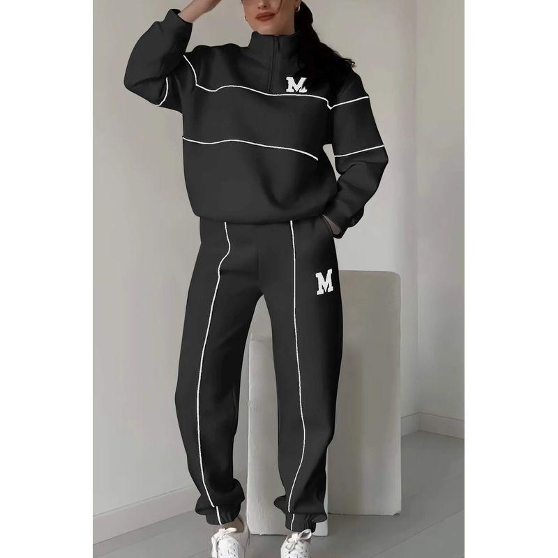 

Casual Sports Suit Autumn and Winter New Women s Sweater Letter Print Long sleeve Trousers Blazer Set Black 3XL
