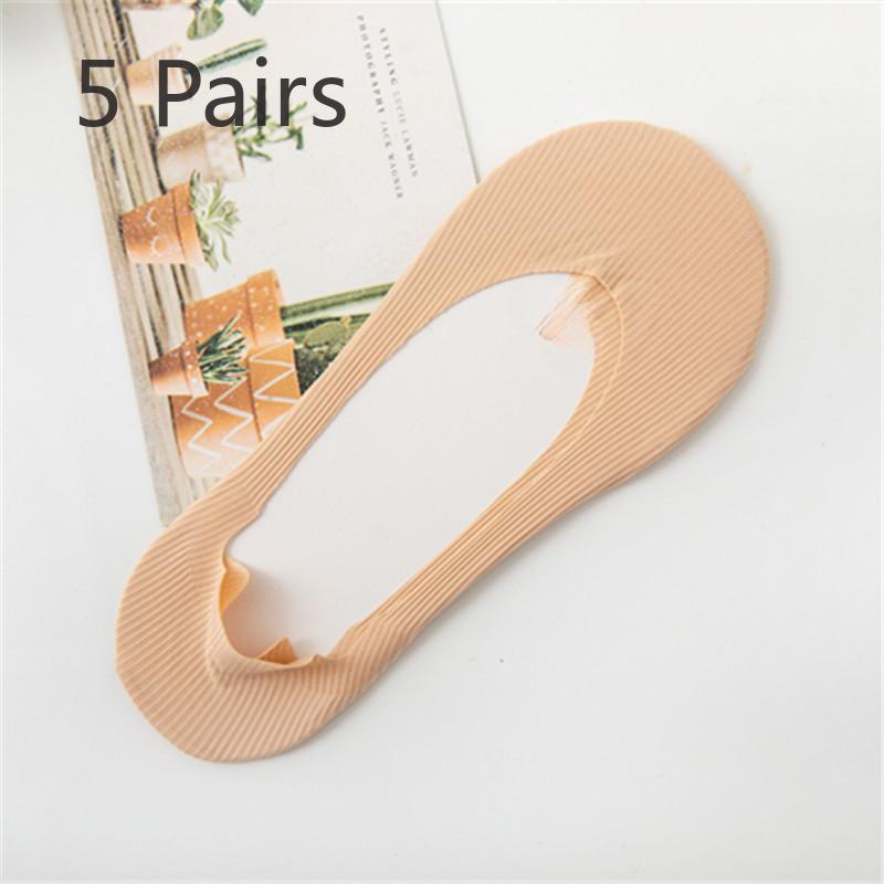 5 Pairs of Women's Summer Thin Solid Color Ice Silk Invisible Silicone Non Slip Socks