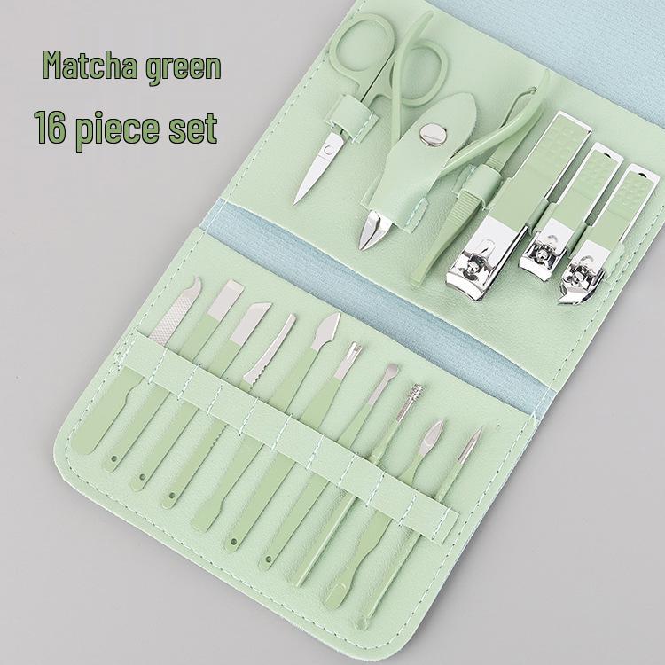 16-Piece Matcha Green Manicure Set: Nail Clippers, Scissors & Tools In Folding Bag