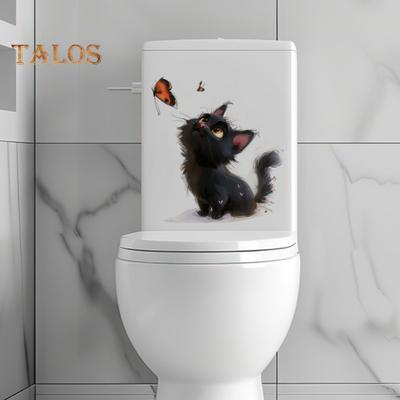 Adesivo de Vaso Sanitário Borboleta Gato Preto PVC Impermeável Removível Autoadesivo Sala de Estar Banheiro Arte de Parede Desenho Animado Gatinho Decoração Adesivo Tampa Vaso Sanitário