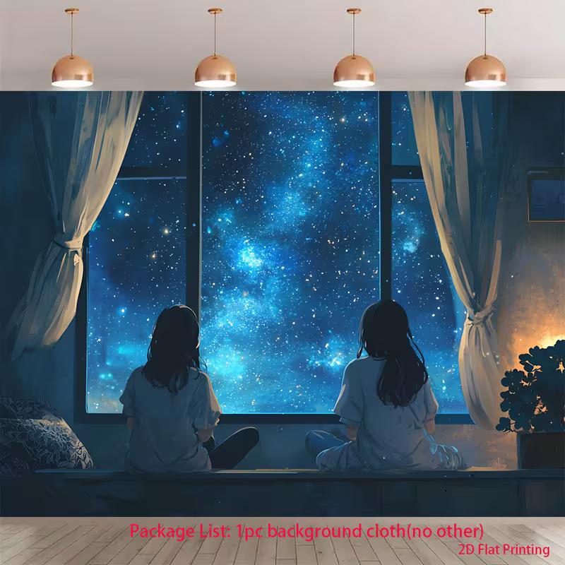 

2D Dreamy Night Backdrop, Girls Sitting by Window with Starry Sky View for Anime Fans 47.2x31.5inch/120*80cm