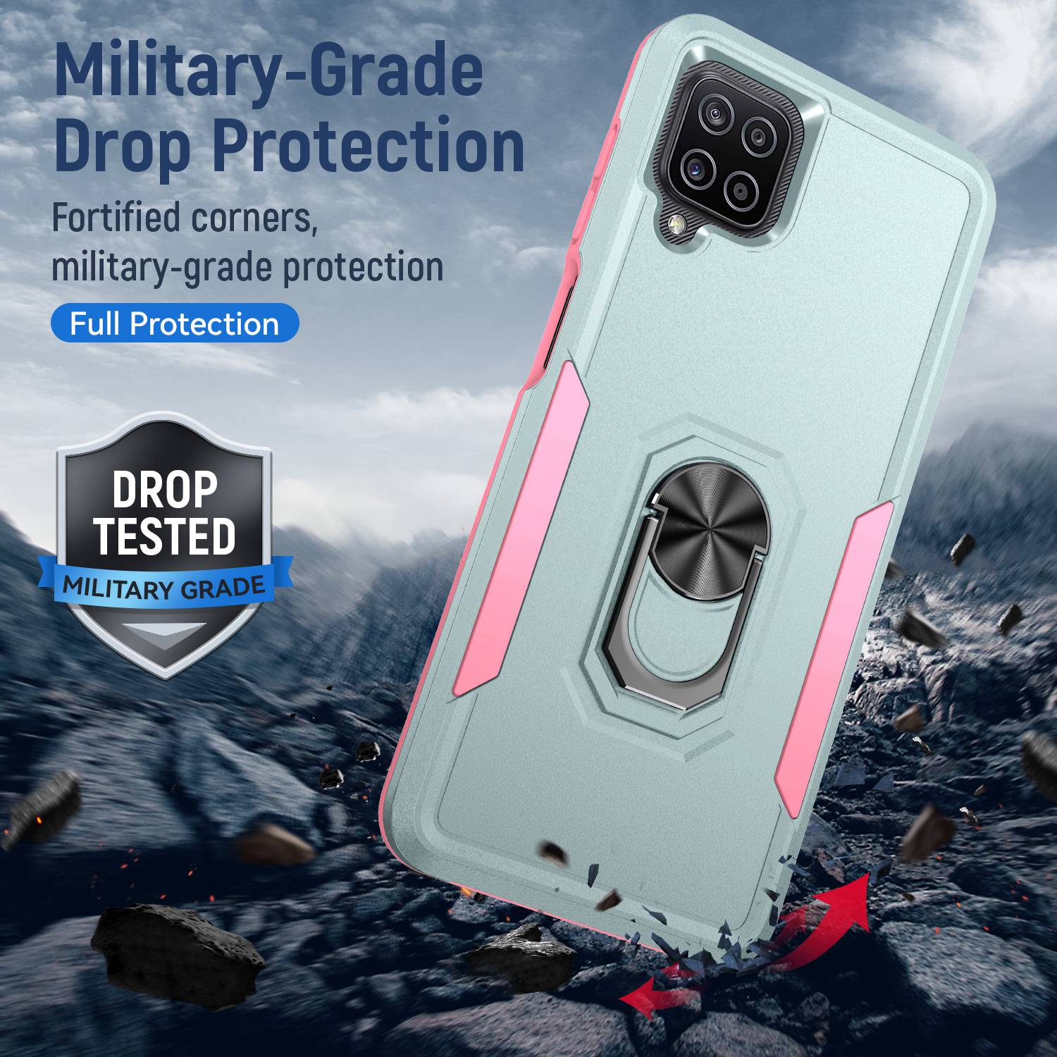

For Samsung Galaxy A12 Defender Series PC+TPU Hybrid Phone Cover Rotary Ring Kickstand Cellphone Case Green/Pink