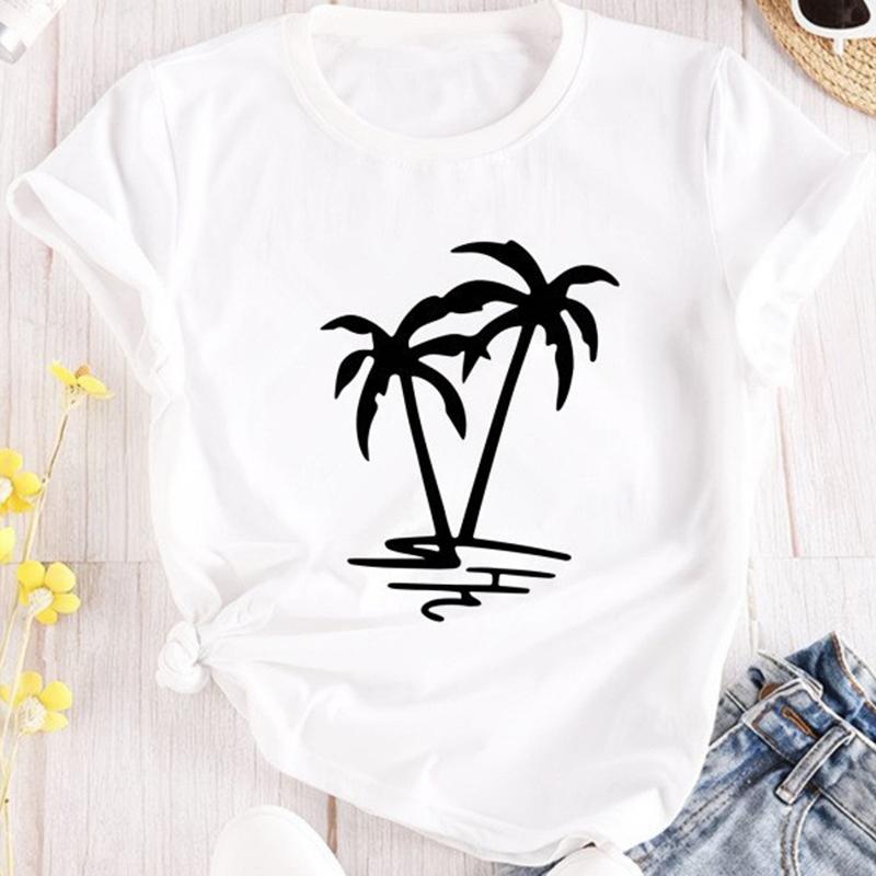 T-shirt Feminina da Moda Manga Curta Verão Estampa de Coqueiro Casual Tops