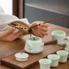 Jade Green Travel Tea Set: One Pot, Four Cups, with Wooden Side Handle and Tea Caddy.