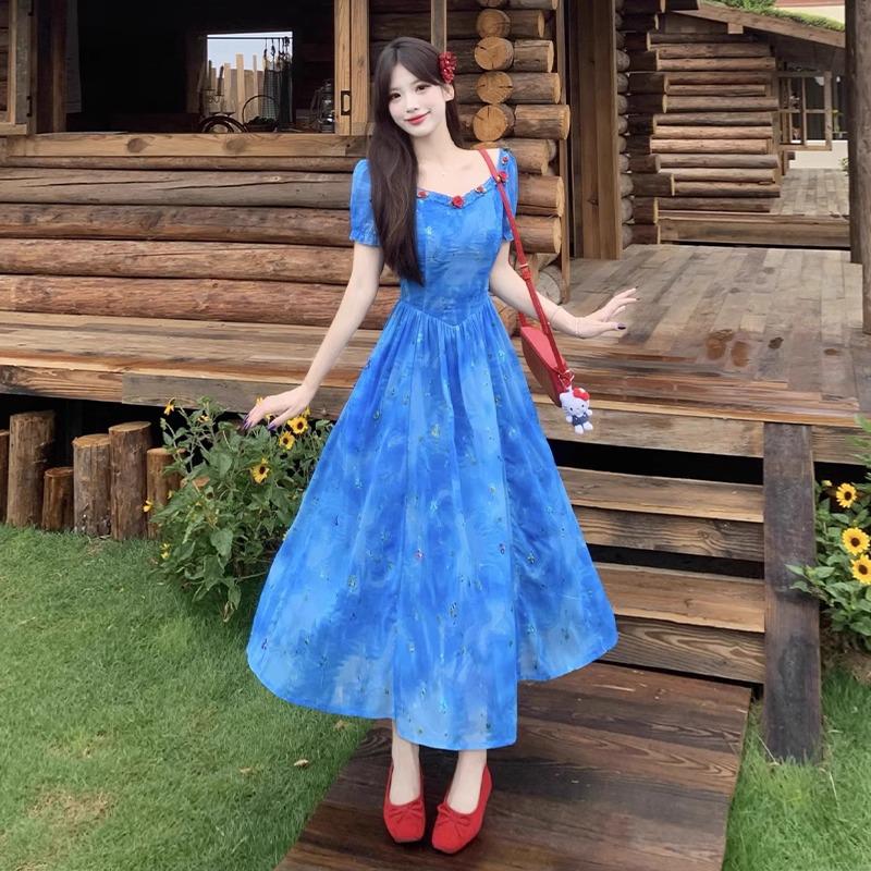 Blue Floral Slip Dress: Light Luxury, High-End Summer Style, Super Beautiful