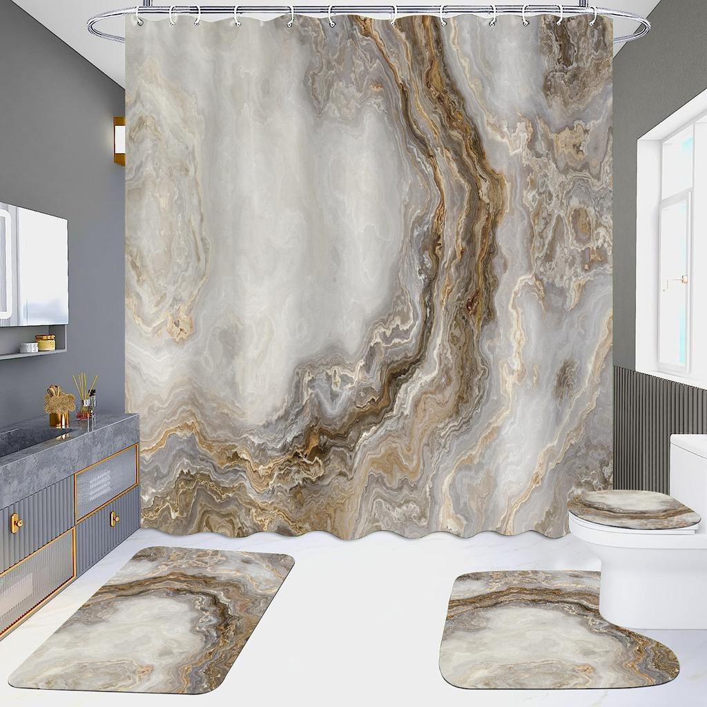 4Pcs Marble Series Shower Curtain Sets for Bathroom Non-Slip Bathroom Rugs Lid Toilet Cover Bath Mat