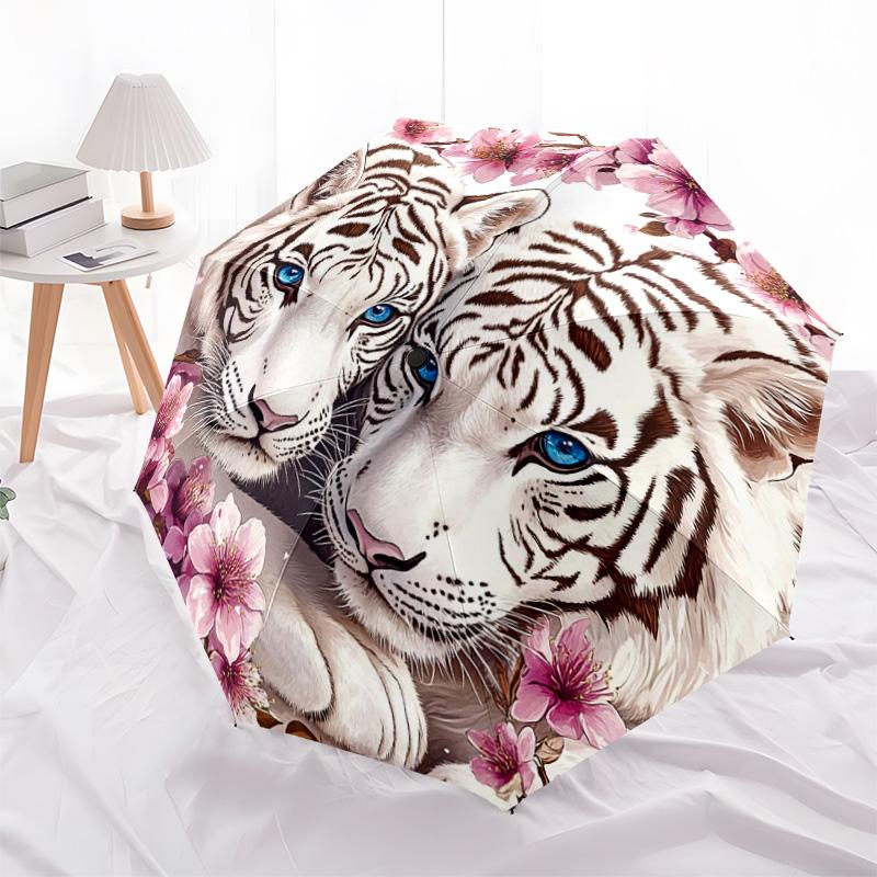 1 PC Automatic Folding Umbrella - White Tiger Pattern, Portable & Foldable Design with 8 Ribs, Christmas Birthday Gifts