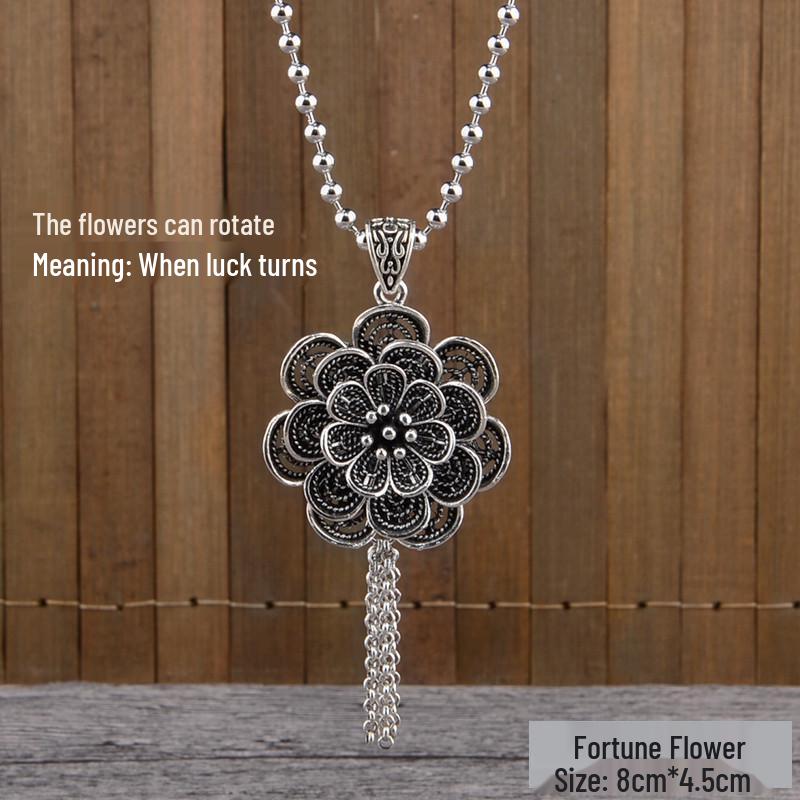 East Butterfly Ethnisches Langes Halsband - Retro Langlebigkeitsschloss-Anhänger & Runde Perlenkette für Männer & Frauen