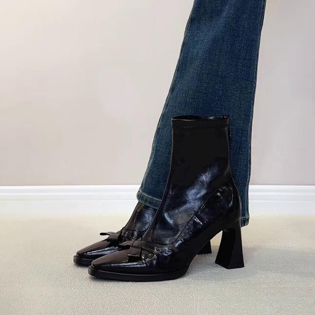 Short boots 2026 retro bow high heels square toe temperament thick heel short boots for women