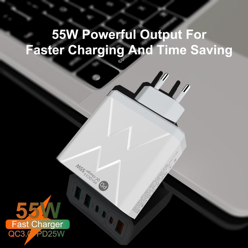 PD 25W 6-Port Fast Charger: 3 USB, 3 PD 55W with QC3.0 – EU, UK, AU Plugs
