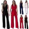 2 Pcs/Set Women Coat Pants Set V Neck Lace-up Slim Waist Mid Length Cardigan Sleeveless Jacket Wide Leg High Waist Straight Trousers Lady Formal