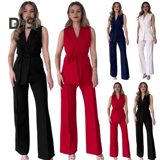 2 Pcs/Set Women Coat Pants Set V Neck Lace-up Slim Waist Mid Length Cardigan Sleeveless Jacket Wide Leg High Waist Straight Trousers Lady Formal