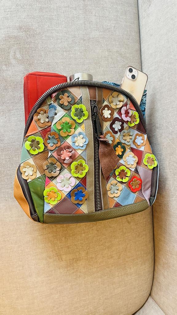 Damen Leder Patchwork Rucksack – Blumen-Design