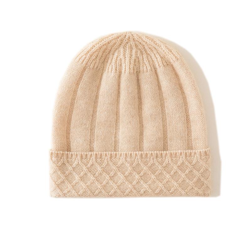 Cashmere Autumn and Winter New Style Women's High End Solid Color Pit Strip Thickened Warm Fashion Casual Cuffed Knitted Hat