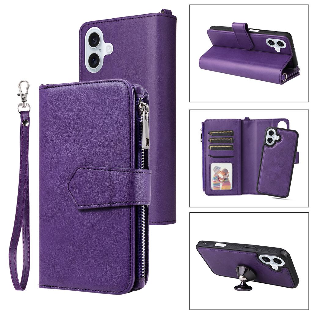 For iPhone 16 Plus Magnetic Leather Case Mobile Cover with Detachable Zipper Wallet Strap