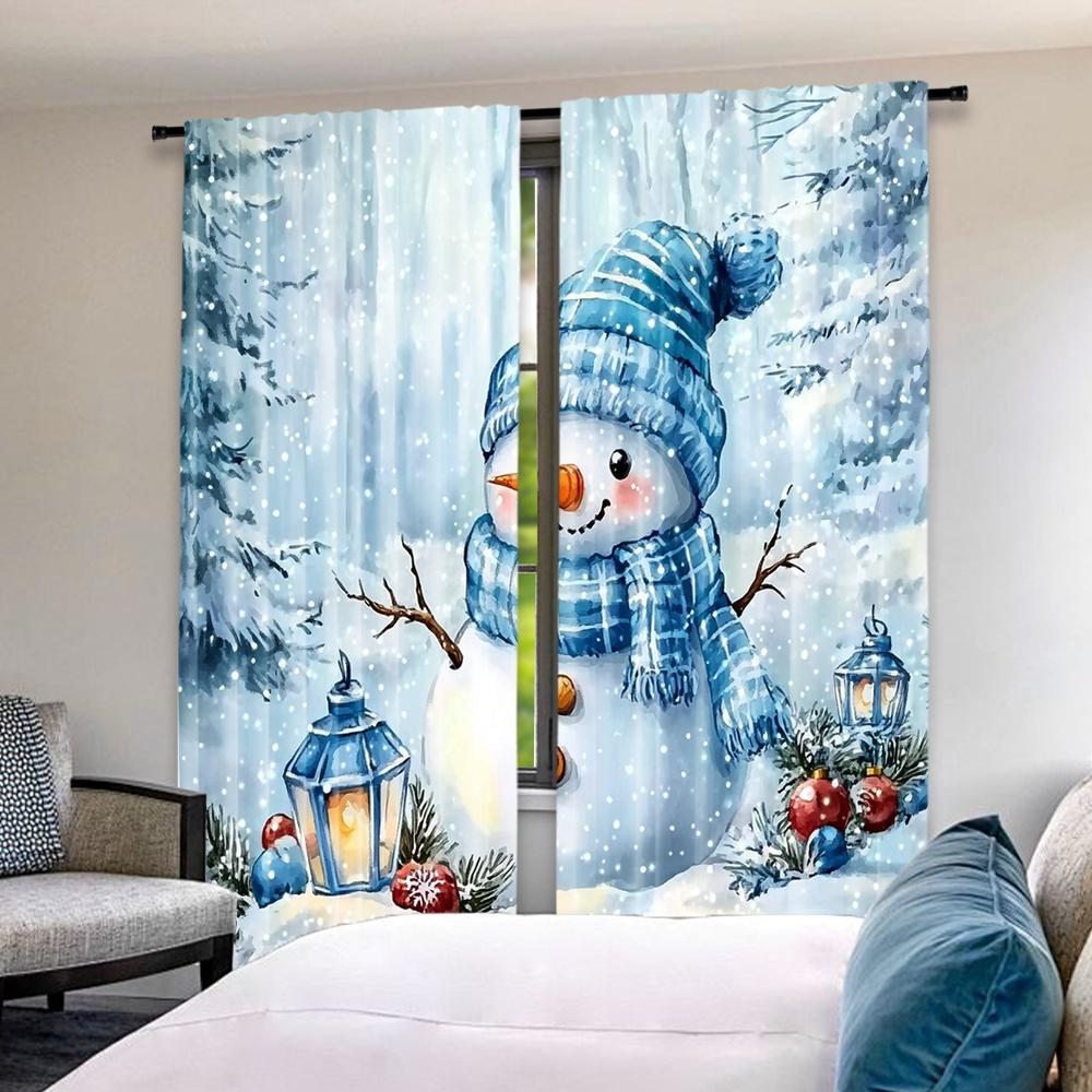 Flat Printing Christmas Curtains Cartoon Blue Santa Hat Snowman Print Digital Printed Polyester Drapes Festive Holiday Set Of 2 Made