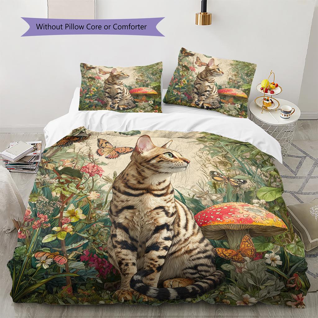Bengal Cat and Grassland Pattern Bedding Home Decoration Birthday Gift (1 * Duvet Cover + 2 * Pillowcase, Without Core)