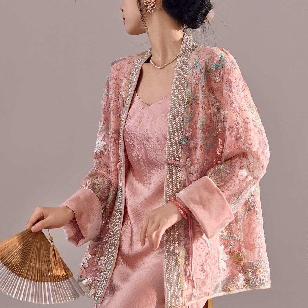 Guofeng New Chinese Mesh Beads Embroidered Velvet Crew Neck Cardigan Women's Early Autumn New Light Luxury Jacket N