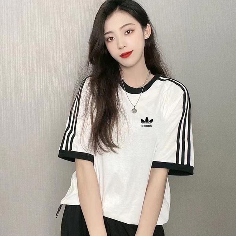 Three-Leaf Clover Embroidery Black & White Striped Unisex Summer Sports T-Shirt