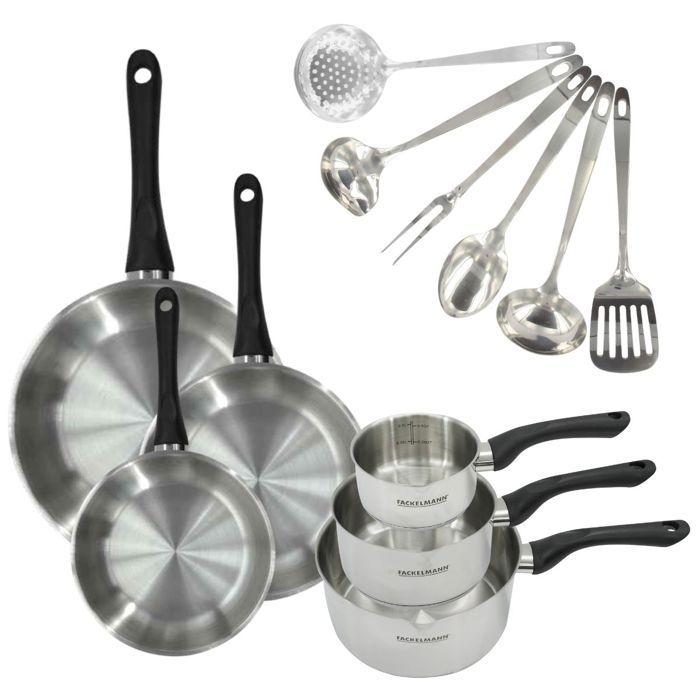 Batterie de cuisine à induction - FACKELMANN - Geneva - Inox 18/8 - 12 pièces - 3 poêles, 3 casseroles et 6 ustensiles