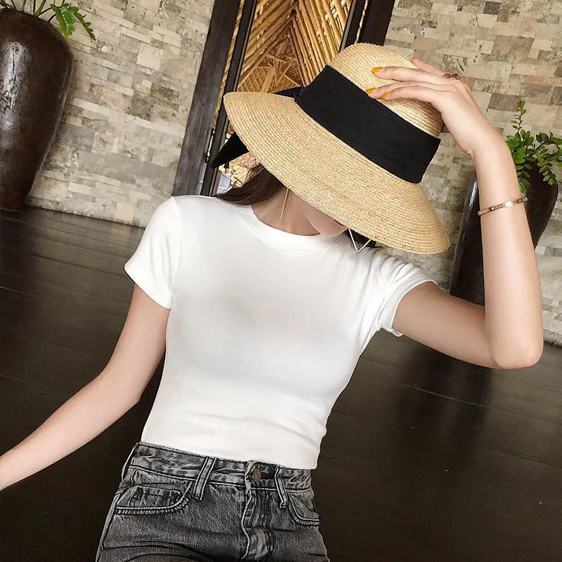 Женская хлопковая футболка в рубчик, 260 г, летняя, с коротким рукавом, новый стиль 2025, однотонная, большого размера, универсальная и модная. XXL