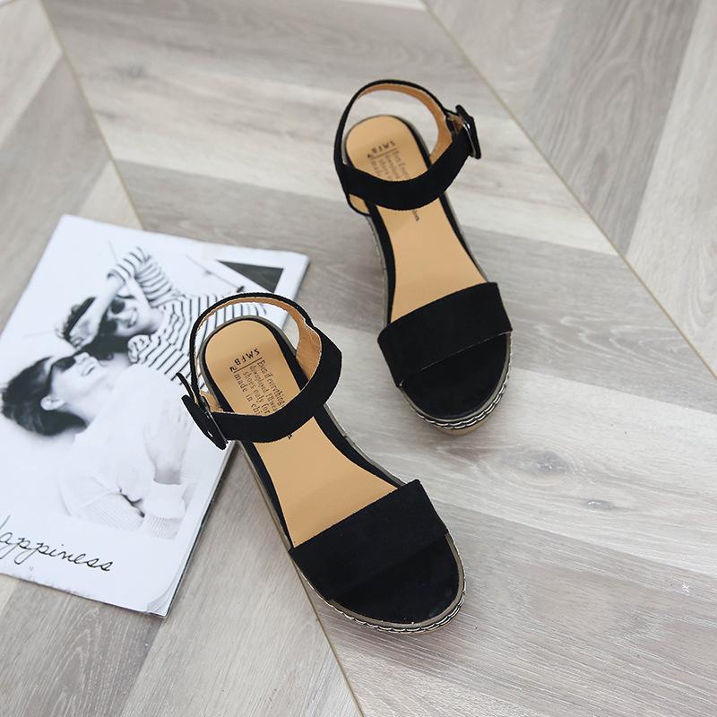 

Wedge heel sandals women s summer 2021 new Roman shoes one-word buckle fish mouth muffin Korean version of women s sandals tide 35 чёрный