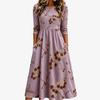Spring and Summer 2026 New Round Neck 7-point Sleeve Casual Loose Long Printed Dress - Bamboo Hemp