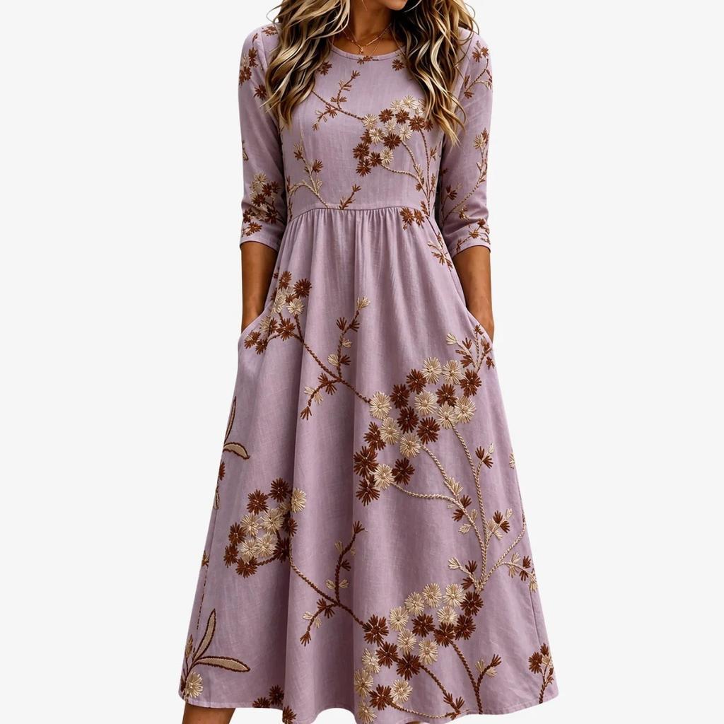 Spring and Summer 2026 New Round Neck 7-point Sleeve Casual Loose Long Printed Dress - Bamboo Hemp
